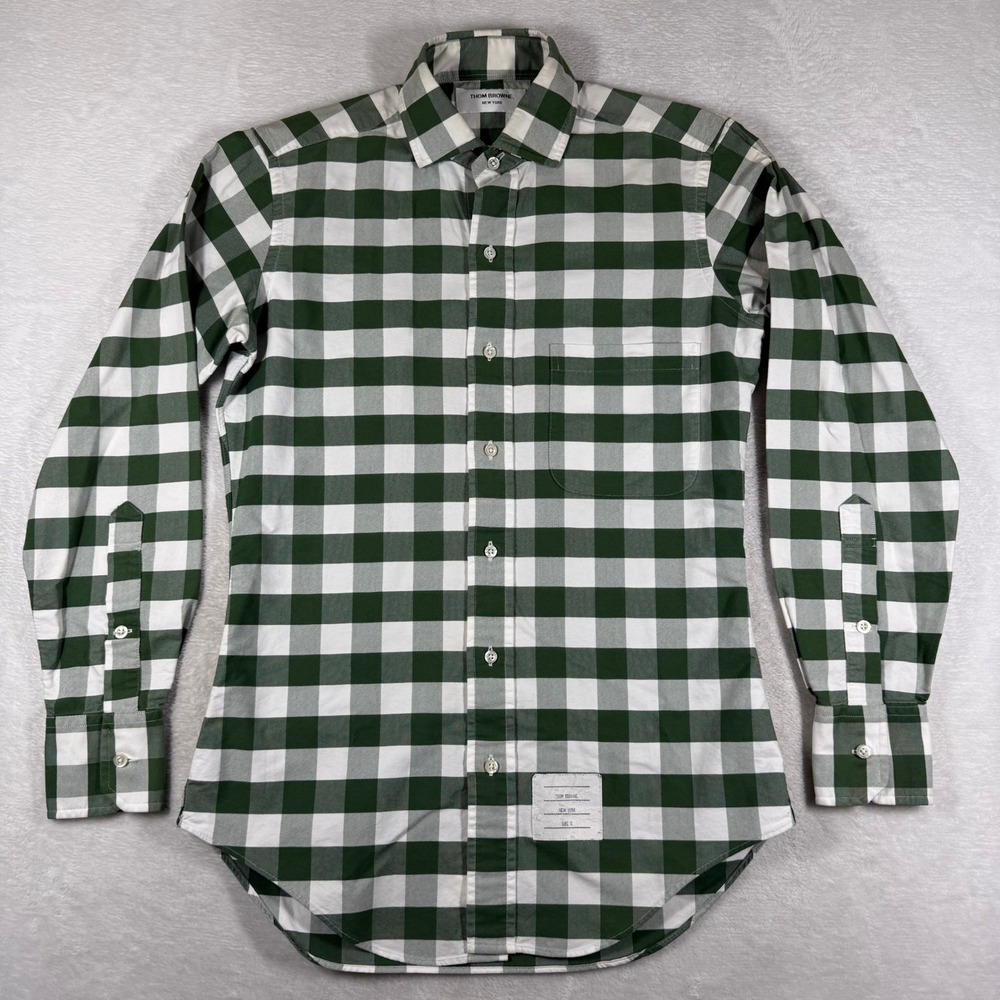 Thom Browne Mens Green Gingham Check Button Down Shirt Size 0 Made in USA